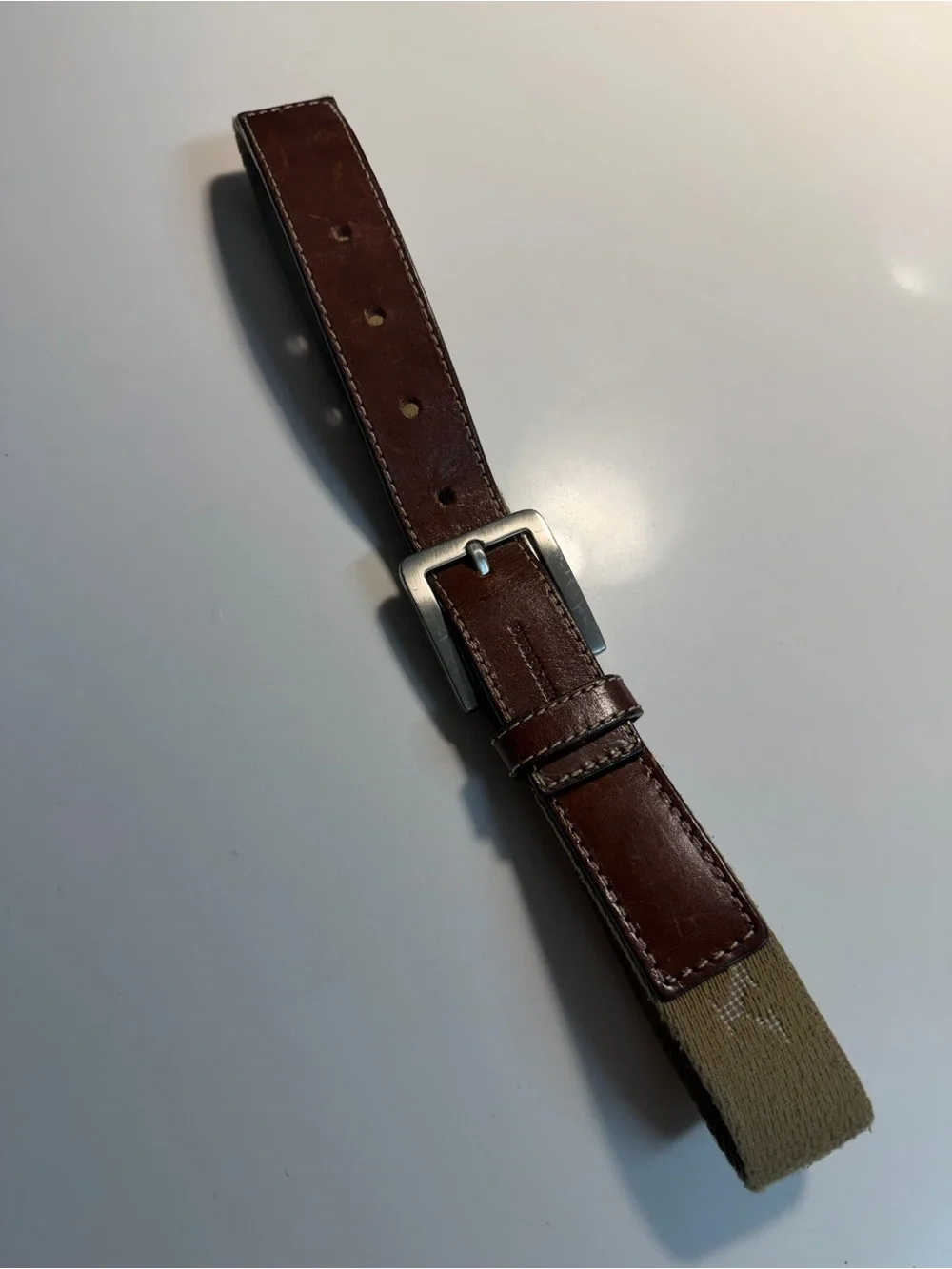 Burberry Brown Leather Belt with Tan Canvas Tip and Silver Buckle